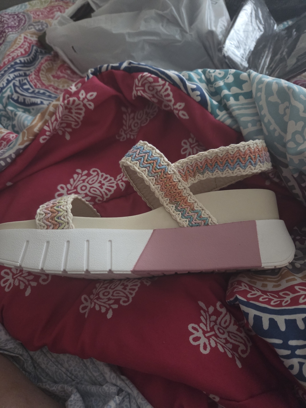 Chinese Laundry Multicolor Woven Strap Platform Sandals with Pink Accent